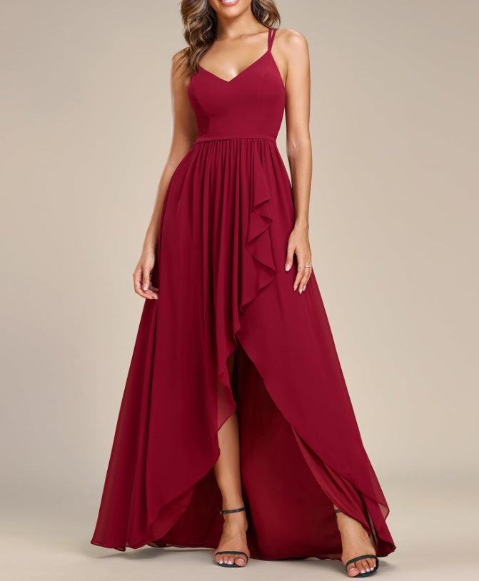 Burgundy Women's V Neck Adjustable Spaghetti Straps Open Back A Line Floor-Length Prom Dress